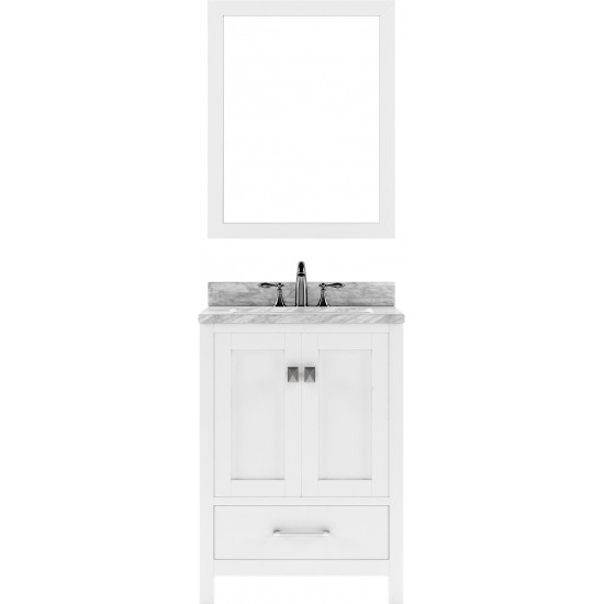 Caroline Avenue 24" Single Bath Vanity in White with White Marble Top and Square Sink with Polished Chrome Faucet and Mirror