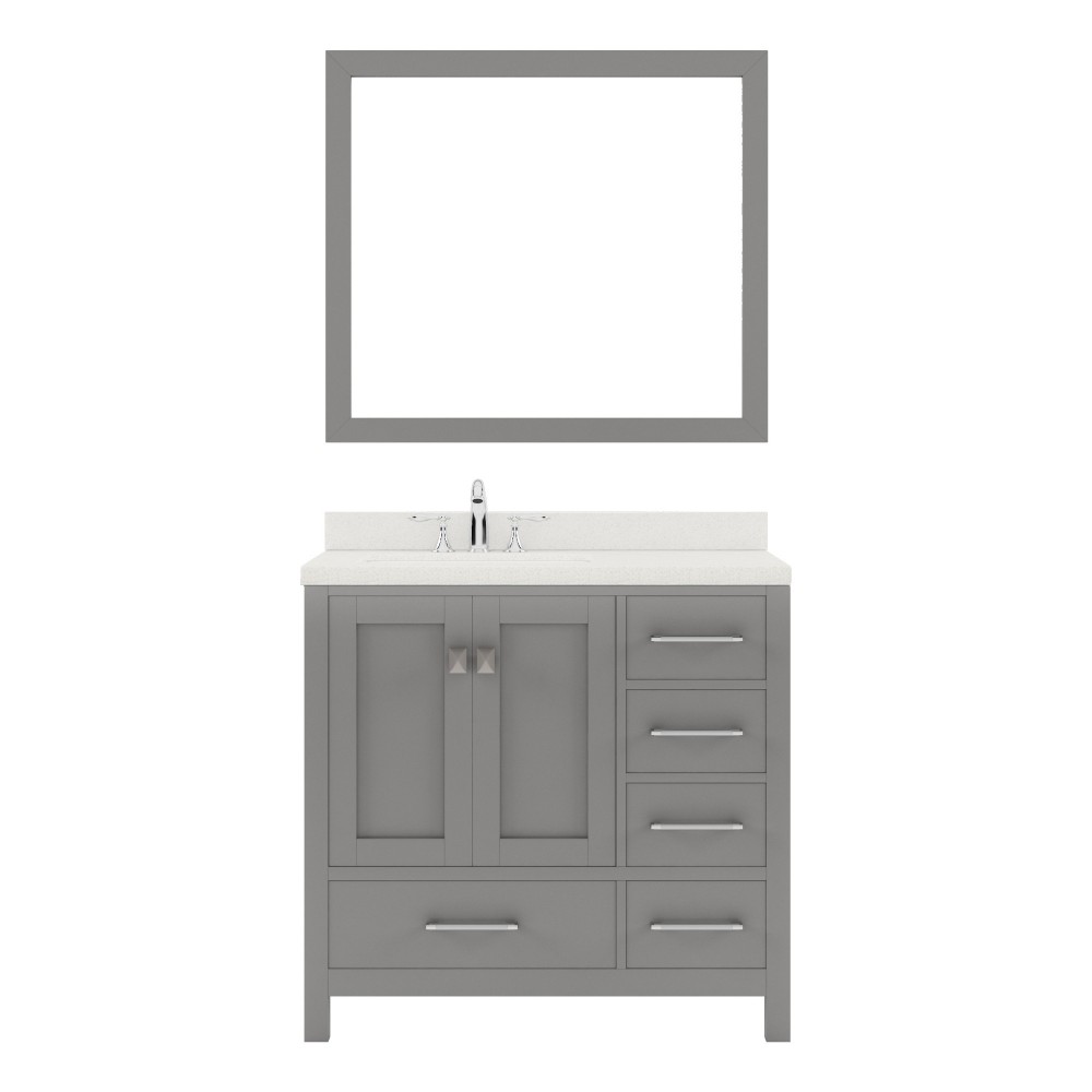 Caroline Avenue 36" Single Bath Vanity in Cashmere Gray with White Quartz Top and Round Sink and Matching Mirror