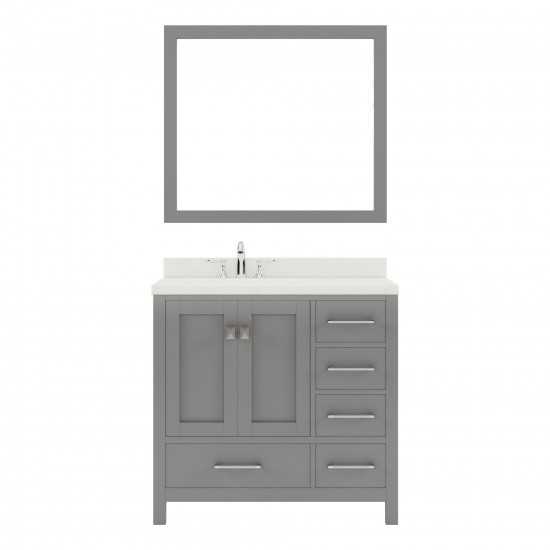 Caroline Avenue 36" Single Vanity in Cashmere Gray with White Quartz Top and Round Sink with Brushed Nickel Faucet and Mirror