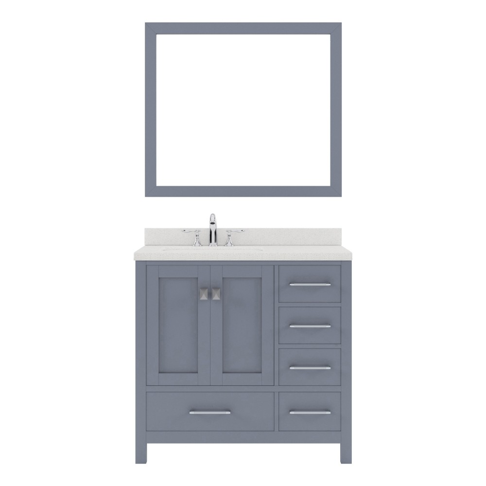 Caroline Avenue 36" Single Bath Vanity in Gray with White Quartz Top and Round Sink and Matching Mirror