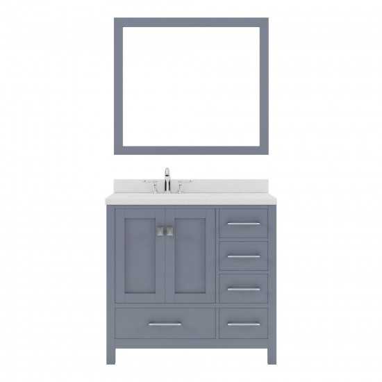 Caroline Avenue 36" Single Bath Vanity in Gray with White Quartz Top and Round Sink with Brushed Nickel Faucet and Mirror