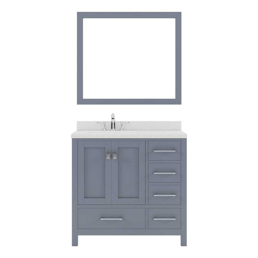 Caroline Avenue 36" Single Bath Vanity in Gray with White Quartz Top and Round Sink with Polished Chrome Faucet and Mirror