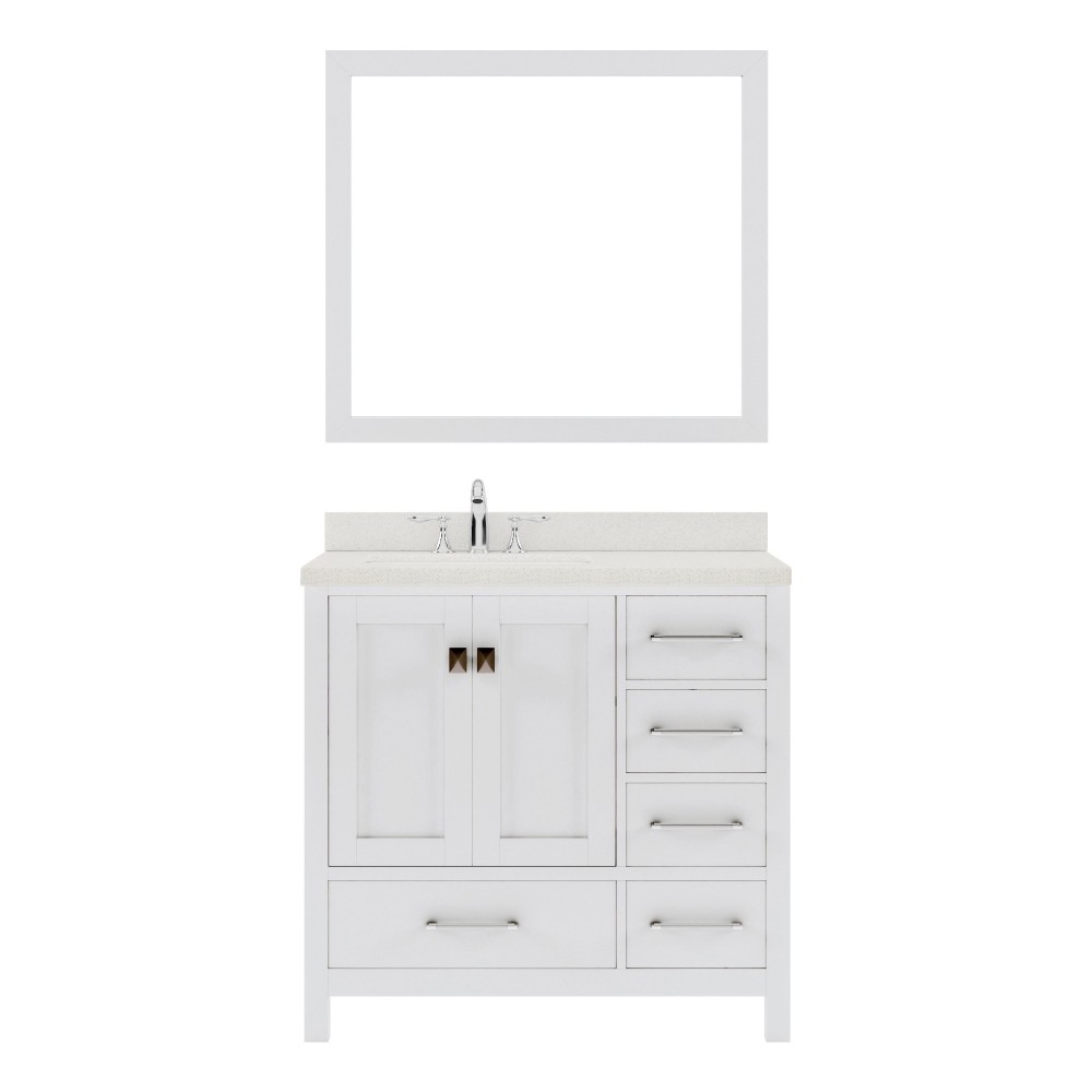 Caroline Avenue 36" Single Bath Vanity in White with White Quartz Top and Round Sink and Matching Mirror