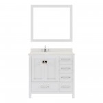 Caroline Avenue 36" Single Bath Vanity in White with White Quartz Top and Round Sink with Brushed Nickel Faucet and Mirror