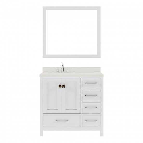 Caroline Avenue 36" Single Bath Vanity in White with White Quartz Top and Round Sink with Brushed Nickel Faucet and Mirror