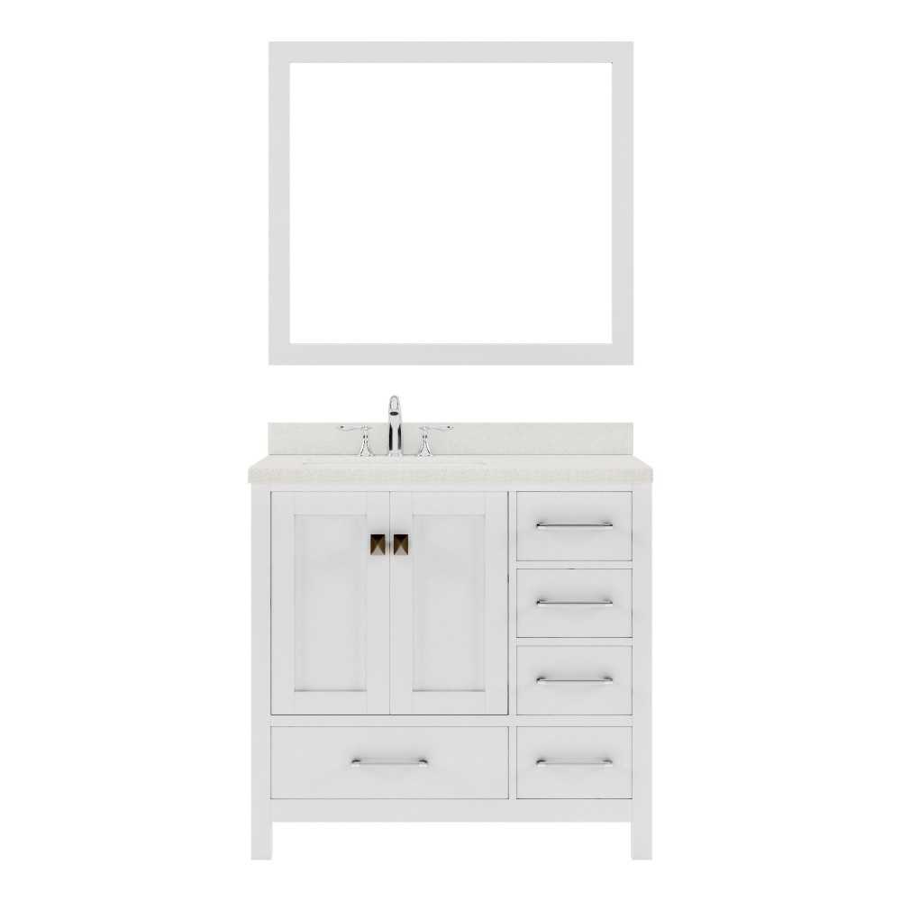 Caroline Avenue 36" Single Bath Vanity in White with White Quartz Top and Round Sink with Polished Chrome Faucet and Mirror