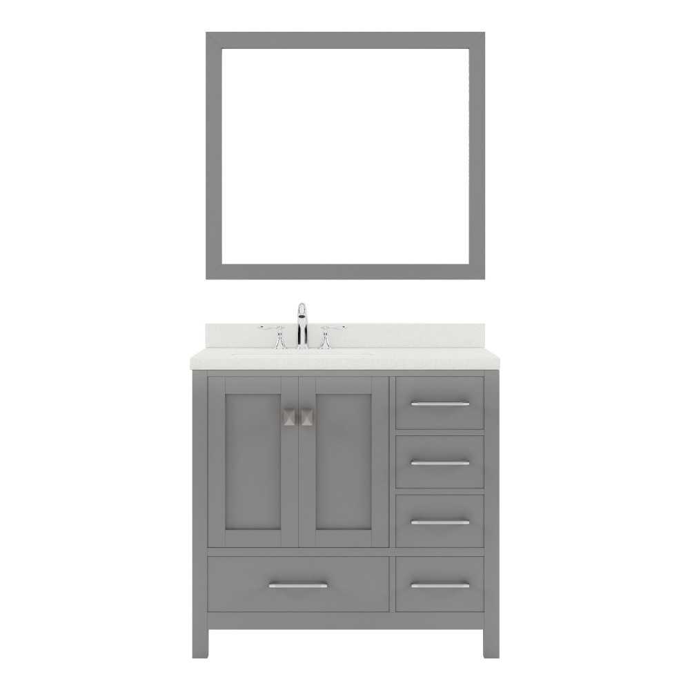 Caroline Avenue 36" Single Vanity in Cashmere Gray with White Quartz Top and Square Sink with Brushed Nickel Faucet and Mirro