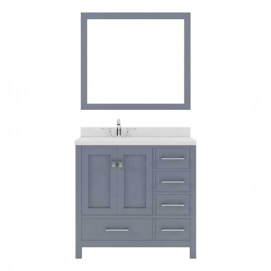 Caroline Avenue 36" Single Bath Vanity in Gray with White Quartz Top and Square Sink with Brushed Nickel Faucet and Mirror