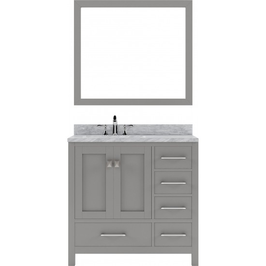 Caroline Avenue 36" Single Bath Vanity in Cashmere Gray with White Marble Top and Round Sink and Matching Mirror