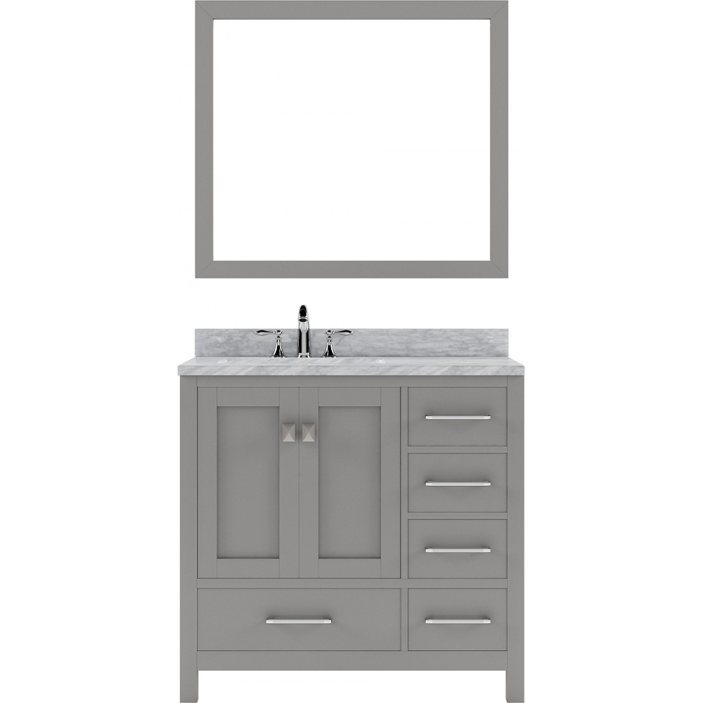 Caroline Avenue 36" Single Bath Vanity in Cashmere Gray with White Marble Top and Round Sink and Matching Mirror