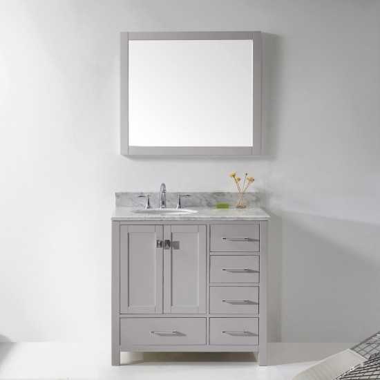 Caroline Avenue 36" Single Bath Vanity in Cashmere Gray with White Marble Top and Round Sink and Matching Mirror