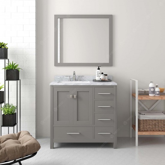 Caroline Avenue 36" Single Bath Vanity in Cashmere Gray with White Marble Top and Round Sink and Matching Mirror