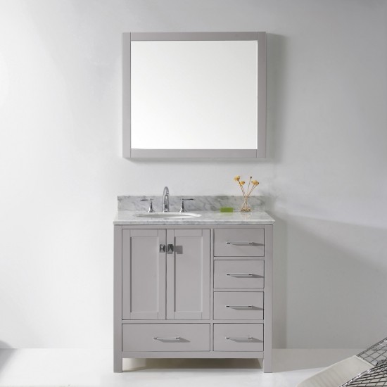 Caroline Avenue 36" Single Vanity in Cashmere Gray with White Marble Top and Round Sink with Polished Chrome Faucet and Mirro