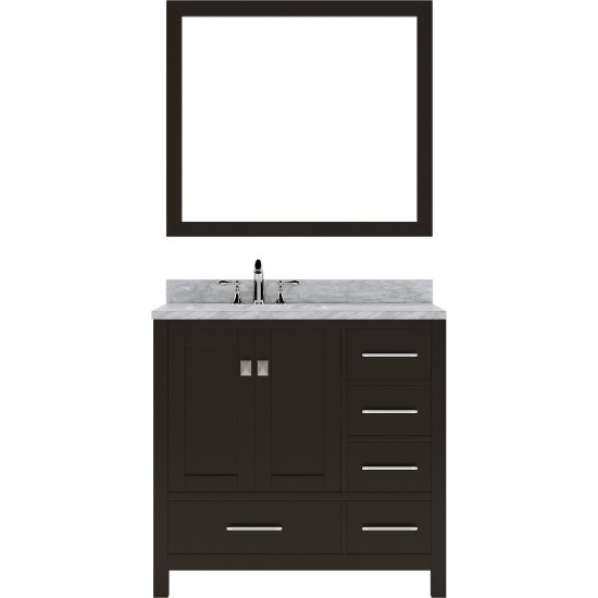 Caroline Avenue 36" Single Bath Vanity in Espresso with White Marble Top and Round Sink and Matching Mirror