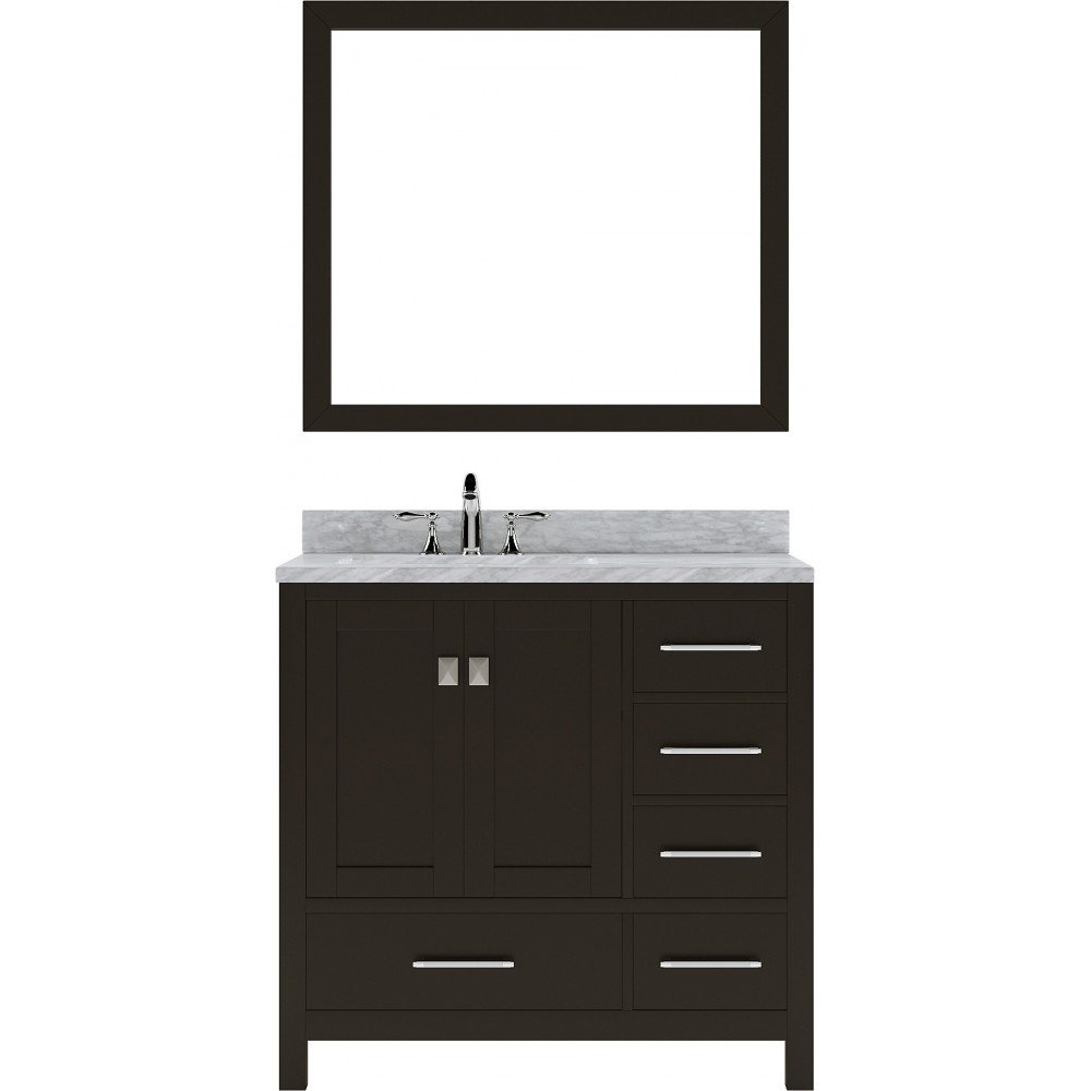 Caroline Avenue 36" Single Bath Vanity in Espresso with White Marble Top and Round Sink and Matching Mirror