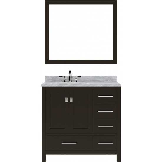 Caroline Avenue 36" Single Bath Vanity in Espresso with White Marble Top and Round Sink with Polished Chrome Faucet and Mirro