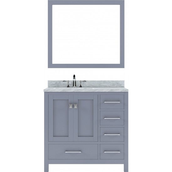 Caroline Avenue 36" Single Bath Vanity in Gray with White Marble Top and Round Sink with Brushed Nickel Faucet and Mirror