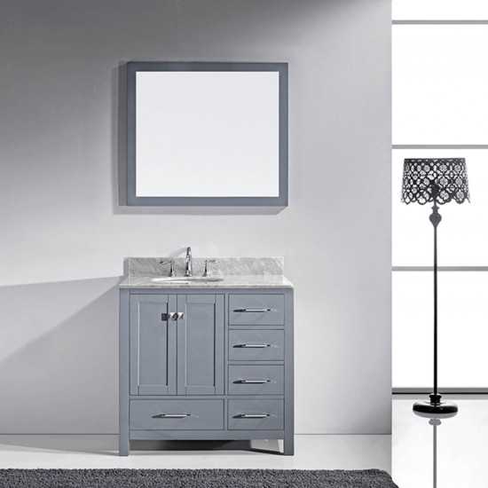 Caroline Avenue 36" Single Bath Vanity in Gray with White Marble Top and Round Sink with Polished Chrome Faucet and Mirror