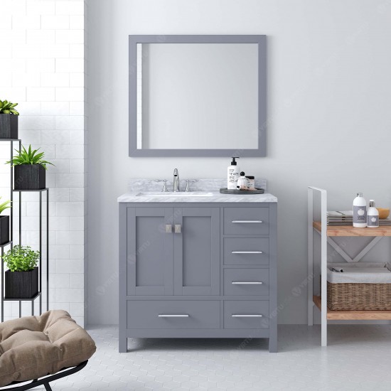 Caroline Avenue 36" Single Bath Vanity in Gray with White Marble Top and Round Sink with Polished Chrome Faucet and Mirror