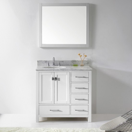 Caroline Avenue 36" Single Bath Vanity in White with White Marble Top and Round Sink and Matching Mirror