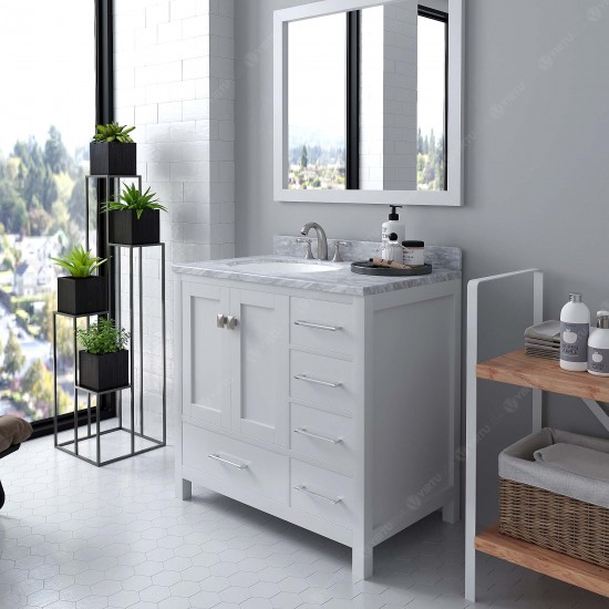 Caroline Avenue 36" Single Bath Vanity in White with White Marble Top and Round Sink with Brushed Nickel Faucet and Mirror