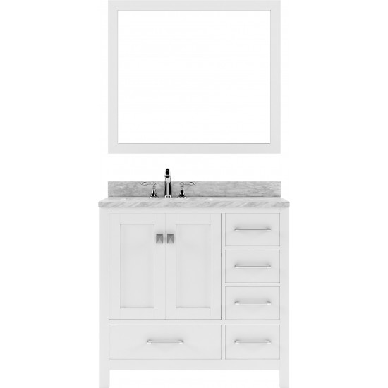 Caroline Avenue 36" Single Bath Vanity in White with White Marble Top and Round Sink with Polished Chrome Faucet and Mirror