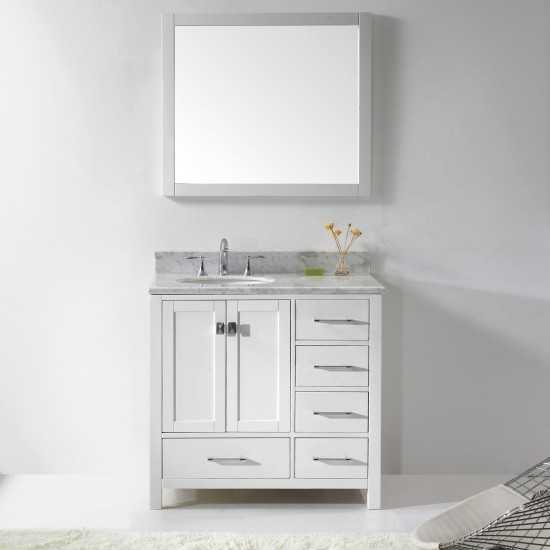 Caroline Avenue 36" Single Bath Vanity in White with White Marble Top and Round Sink with Polished Chrome Faucet and Mirror