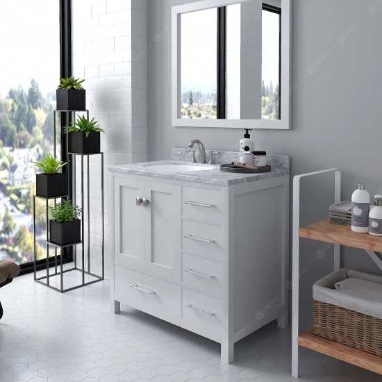 Caroline Avenue 36" Single Bath Vanity in White with White Marble Top and Round Sink with Polished Chrome Faucet and Mirror