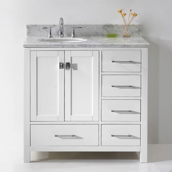 Caroline Avenue 36" Single Bath Vanity in White with White Marble Top and Round Sink with Polished Chrome Faucet