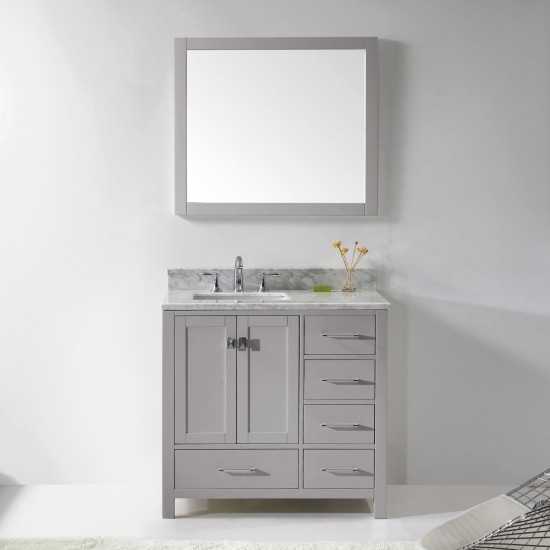 Caroline Avenue 36" Single Bath Vanity in Cashmere Gray with White Marble Top and Square Sink and Matching Mirror