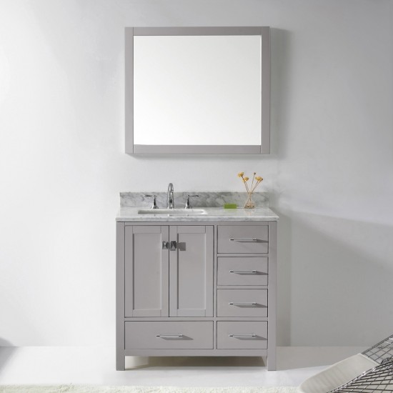 Caroline Avenue 36" Single Vanity in Cashmere Gray with White Marble Top and Square Sink with Brushed Nickel Faucet and Mirro