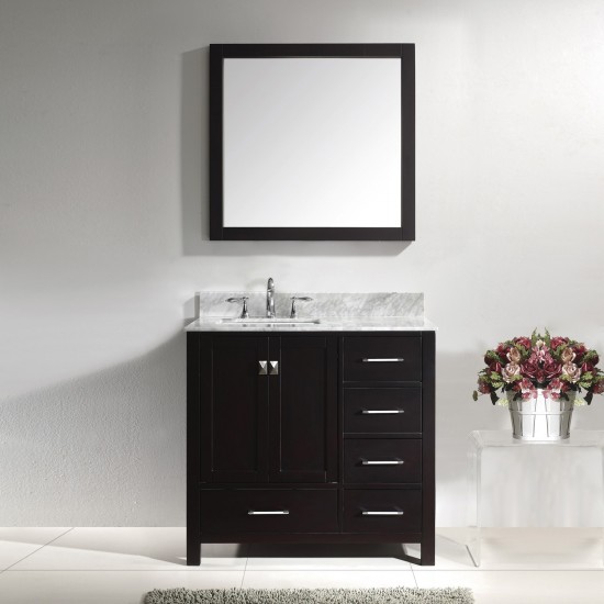 Caroline Avenue 36" Single Bath Vanity in Espresso with White Marble Top and Square Sink with Polished Chrome Faucet and Mirr