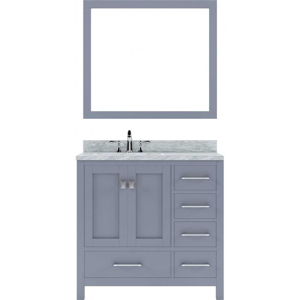 Caroline Avenue 36" Single Bath Vanity in Gray with White Marble Top and Square Sink with Brushed Nickel Faucet and Mirror