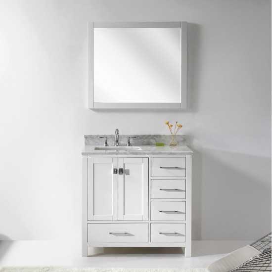 Caroline Avenue 36" Single Bath Vanity in White with White Marble Top and Square Sink and Matching Mirror