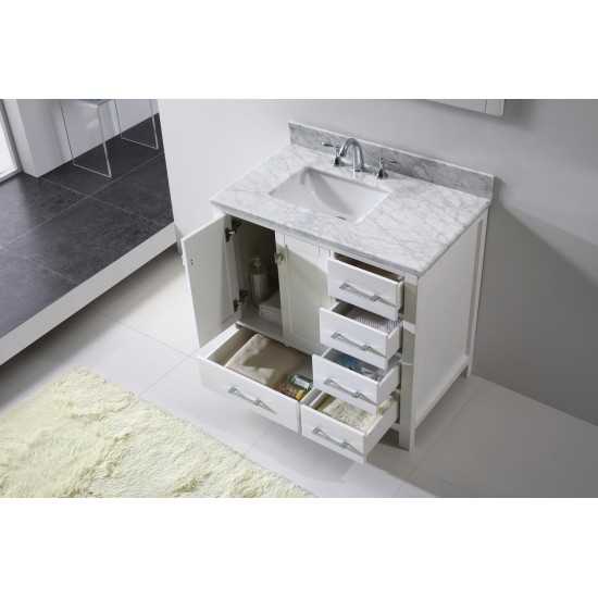 Caroline Avenue 36" Single Bath Vanity in White with White Marble Top and Square Sink and Matching Mirror