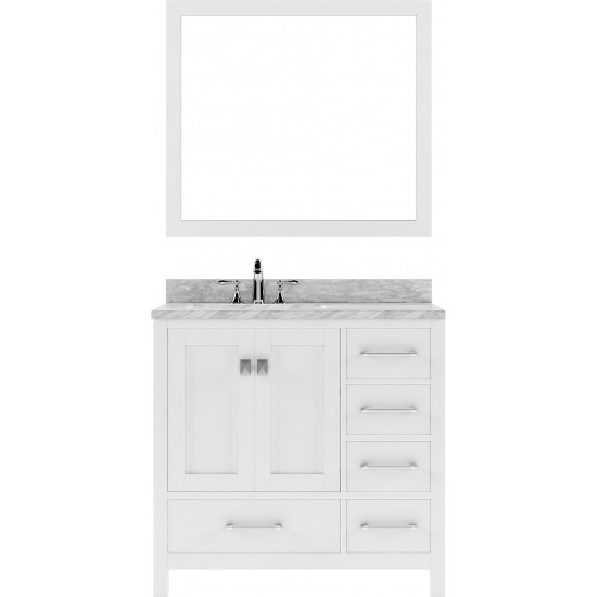 Caroline Avenue 36" Single Bath Vanity in White with White Marble Top and Square Sink with Brushed Nickel Faucet and Mirror