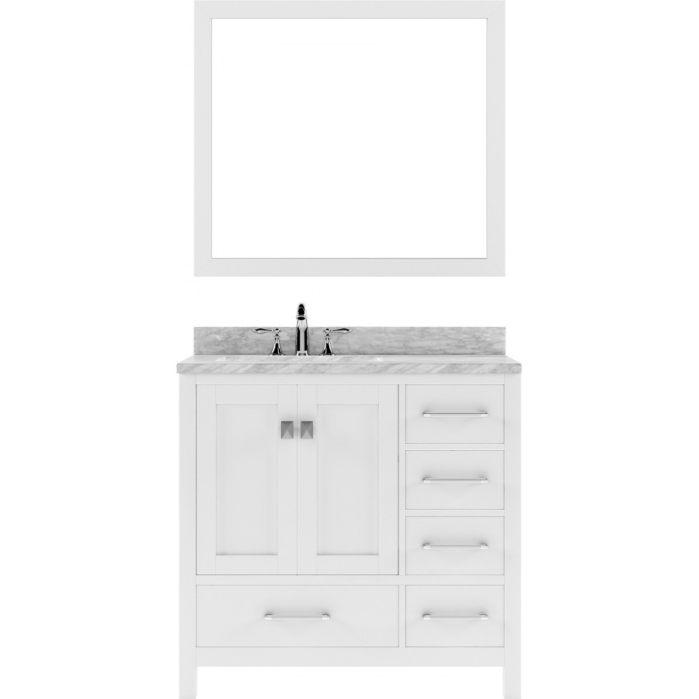 Caroline Avenue 36" Single Bath Vanity in White with White Marble Top and Square Sink with Brushed Nickel Faucet and Mirror