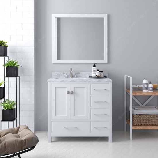 Caroline Avenue 36" Single Bath Vanity in White with White Marble Top and Square Sink with Brushed Nickel Faucet and Mirror