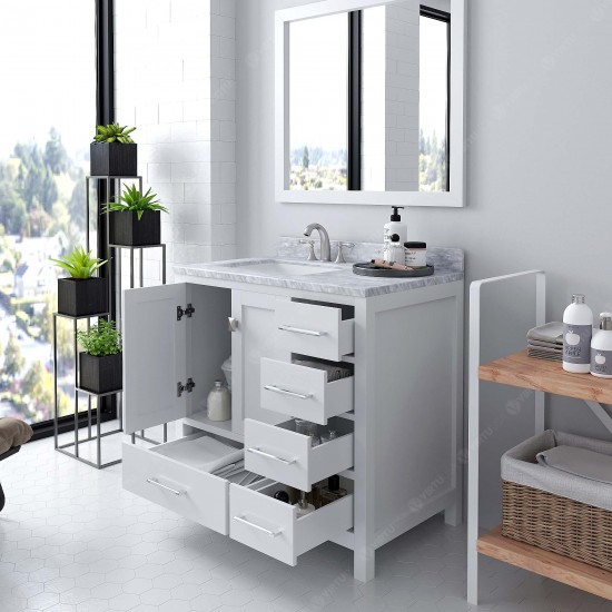 Caroline Avenue 36" Single Bath Vanity in White with White Marble Top and Square Sink with Brushed Nickel Faucet and Mirror