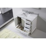 Caroline Avenue 36" Single Bath Vanity in White with White Marble Top and Square Sink with Brushed Nickel Faucet and Mirror