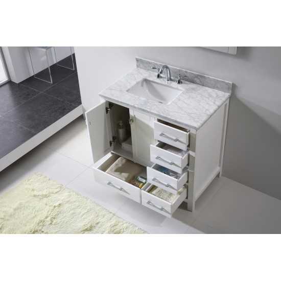 Caroline Avenue 36" Single Bath Vanity in White with White Marble Top and Square Sink with Brushed Nickel Faucet and Mirror