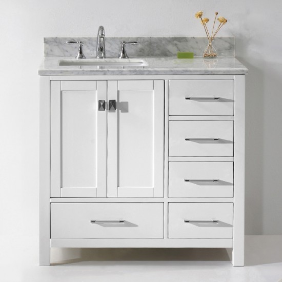 Caroline Avenue 36" Single Bath Vanity in White with White Marble Top and Square Sink with Brushed Nickel Faucet