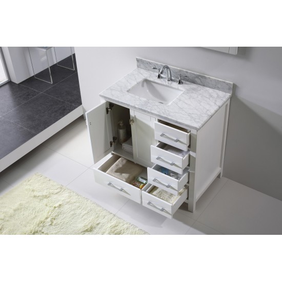 Caroline Avenue 36" Single Bath Vanity in White with White Marble Top and Square Sink with Polished Chrome Faucet and Mirror