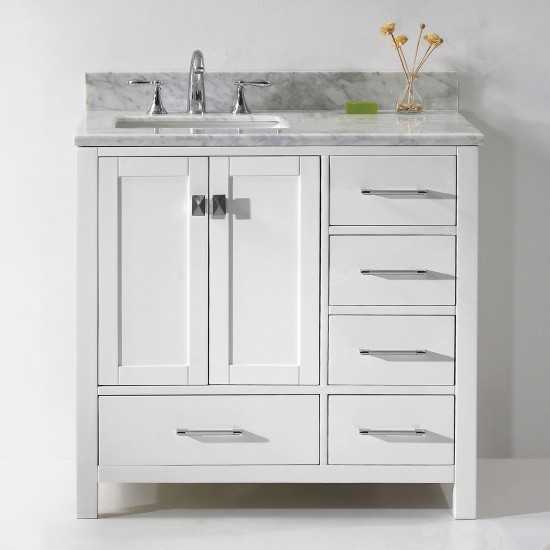 Caroline Avenue 36" Single Bath Vanity in White with White Marble Top and Square Sink with Polished Chrome Faucet