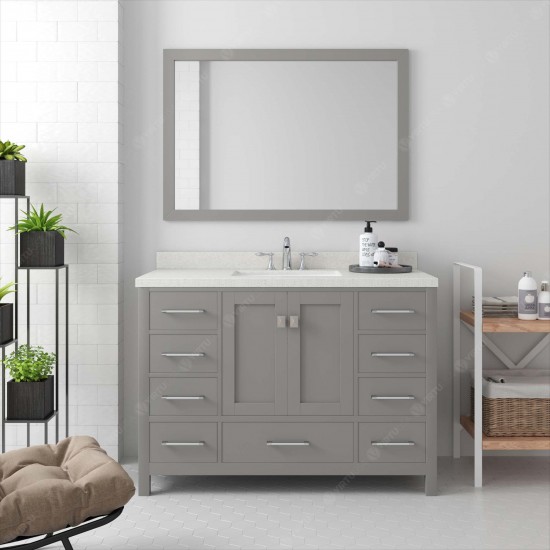 Caroline Avenue 48" Single Vanity in Cashmere Gray with White Quartz Top and Round Sink with Brushed Nickel Faucet and Mirror