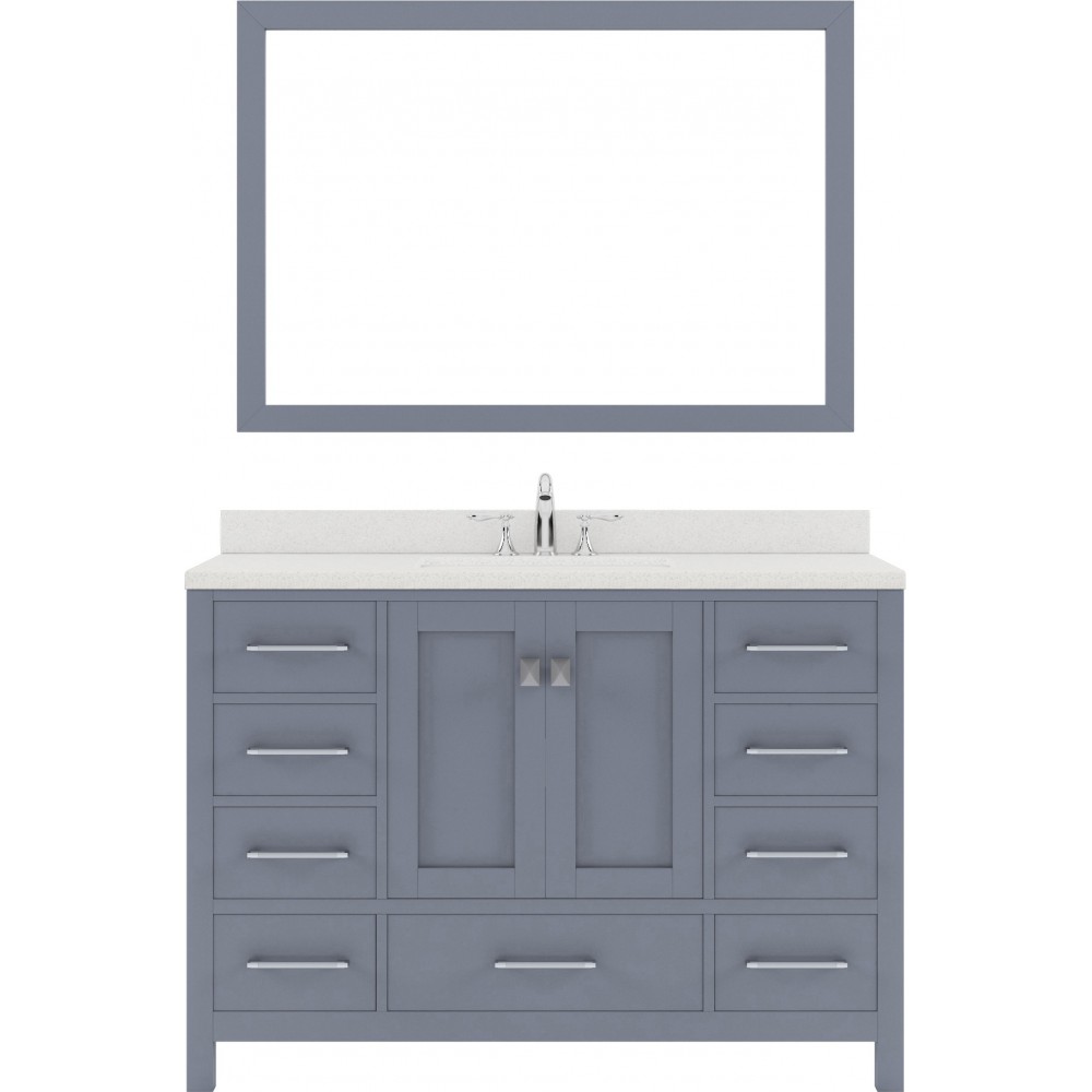 Caroline Avenue 48" Single Bath Vanity in Gray with White Quartz Top and Round Sink with Polished Chrome Faucet and Mirror