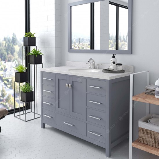 Caroline Avenue 48" Single Bath Vanity in Gray with White Quartz Top and Round Sink with Polished Chrome Faucet and Mirror