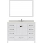 Caroline Avenue 48" Single Bath Vanity in White with White Quartz Top and Round Sink with Brushed Nickel Faucet and Mirror