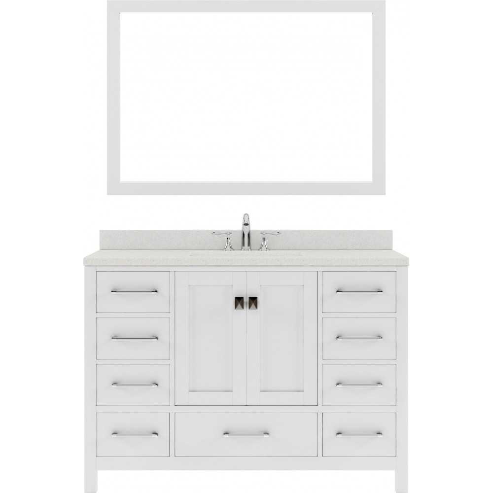 Caroline Avenue 48" Single Bath Vanity in White with White Quartz Top and Round Sink with Brushed Nickel Faucet and Mirror