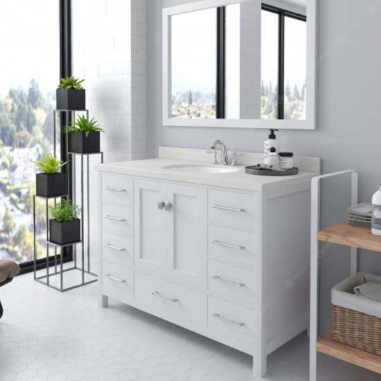Caroline Avenue 48" Single Bath Vanity in White with White Quartz Top and Round Sink with Brushed Nickel Faucet and Mirror